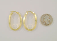 Big Bold Signed Vintage JewelAmerica Solid 14K Yellow Gold Sleek Modern Beveled Oval Hinged Hoop Pierced Earrings 38x13x3.5mm