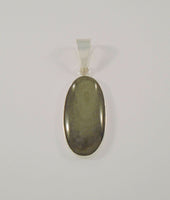 Large Heavily Crafted Signed Vintage Charles Albert Fine Sterling Silver Oval Pendant set w/ a Unique Olive Green Chatoyant Cabochon Stone