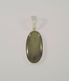 Large Heavily Crafted Signed Vintage Charles Albert Fine Sterling Silver Oval Pendant set w/ a Unique Olive Green Chatoyant Cabochon Stone