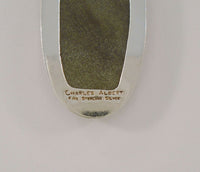 Large Heavily Crafted Signed Vintage Charles Albert Fine Sterling Silver Oval Pendant set w/ a Unique Olive Green Chatoyant Cabochon Stone