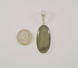 Large Heavily Crafted Signed Vintage Charles Albert Fine Sterling Silver Oval Pendant set w/ a Unique Olive Green Chatoyant Cabochon Stone