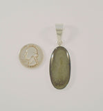 Large Heavily Crafted Signed Vintage Charles Albert Fine Sterling Silver Oval Pendant set w/ a Unique Olive Green Chatoyant Cabochon Stone