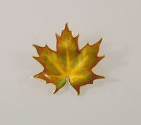 Large Vintage Norwegian Handcrafted Signed Hroar Prydz Yellow Gold Vermeil over Sterling Silver Dimensional Autumn Maple Leaf Pin or Brooch in Brilliant Yellow Gold & Green Fall Colors Guilloche Enamel