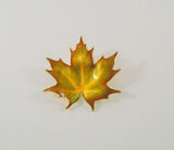 Large Vintage Norwegian Handcrafted Signed Hroar Prydz Yellow Gold Vermeil over Sterling Silver Dimensional Autumn Maple Leaf Pin or Brooch in Brilliant Yellow Gold & Green Fall Colors Guilloche Enamel