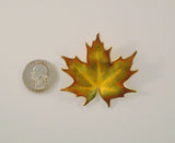 Large Vintage Norwegian Handcrafted Signed Hroar Prydz Yellow Gold Vermeil over Sterling Silver Dimensional Autumn Maple Leaf Pin or Brooch in Brilliant Yellow Gold & Green Fall Colors Guilloche Enamel