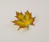 Large Vintage Norwegian Handcrafted Signed Hroar Prydz Yellow Gold Vermeil over Sterling Silver Dimensional Autumn Maple Leaf Pin or Brooch in Brilliant Yellow Gold & Green Fall Colors Guilloche Enamel