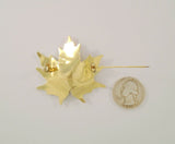 Large Vintage Norwegian Handcrafted Signed Hroar Prydz Yellow Gold Vermeil over Sterling Silver Dimensional Autumn Maple Leaf Pin or Brooch in Brilliant Yellow Gold & Green Fall Colors Guilloche Enamel