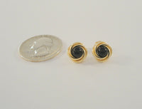 Signed Vintage Carla 14K Solid Yellow Gold & Black Onyx Ball or 10mm Sphere Set in Dimensional Swirled Twist Stud Pierced Earrings