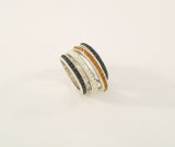 Bold & Unusual Vintage Sterling Silver w/ Black & Clear Topaz Modernist Tiered Dimensional Ring Size 6