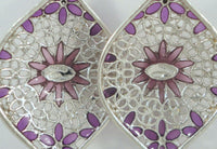 Unusual Signed Vintage Canezzi Sterling Silver Filigree Openwork Dangle French Hook Earrings w/ Lavender Purple Floral Stained Glass Effect Inlay