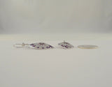 Unusual Signed Vintage Canezzi Sterling Silver Filigree Openwork Dangle French Hook Earrings w/ Lavender Purple Floral Stained Glass Effect Inlay