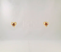 Sparkly Vintage 14K Solid Yellow Gold w/ Rhodolite Garnet & Diamond 11mm Cuevy Heart Shaped Stud Pierced Earrings