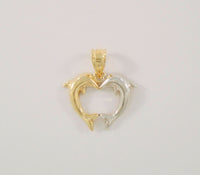 Detailed Vintage Michael Anthony 14K Solid Yellow & White Gold Kissing Dolphins Forming a Curvy Heart Pendant 20.6x19mm