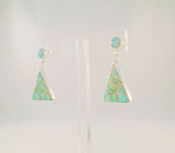 New Large Native American Handcrafted Navajo Picto Signed Sterling Silver & Opal Inlay Dangle Pierced Earrings