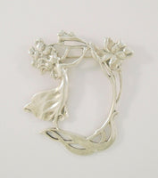 Large Antique Art Nouveau Repousse Sterling Silver Woman w/ Iris Flowers Openwork Brooch Pin
