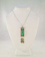 Large Detailed Vintage Native American Handcrafted Signed Sterling Silver w/ Malachite Carved Flower & Dangling Feathers Pendant Necklace Navajo Artist Leander Nezzie