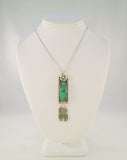 Large Detailed Vintage Native American Handcrafted Signed Sterling Silver w/ Malachite Carved Flower & Dangling Feathers Pendant Necklace Navajo Artist Leander Nezzie