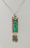 Large Detailed Vintage Native American Handcrafted Signed Sterling Silver w/ Malachite Carved Flower & Dangling Feathers Pendant Necklace Navajo Artist Leander Nezzie