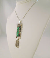 Large Detailed Vintage Native American Handcrafted Signed Sterling Silver w/ Malachite Carved Flower & Dangling Feathers Pendant Necklace Navajo Artist Leander Nezzie