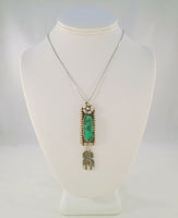 Large Detailed Vintage Native American Handcrafted Signed Sterling Silver w/ Malachite Carved Flower & Dangling Feathers Pendant Necklace Navajo Artist Leander Nezzie