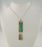 Large Detailed Vintage Native American Handcrafted Signed Sterling Silver w/ Malachite Carved Flower & Dangling Feathers Pendant Necklace Navajo Artist Leander Nezzie