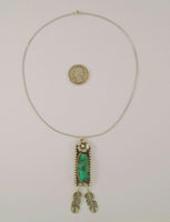 Large Detailed Vintage Native American Handcrafted Signed Sterling Silver w/ Malachite Carved Flower & Dangling Feathers Pendant Necklace Navajo Artist Leander Nezzie