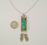 Large Detailed Vintage Native American Handcrafted Signed Sterling Silver w/ Malachite Carved Flower & Dangling Feathers Pendant Necklace Navajo Artist Leander Nezzie