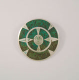 Large Detailed Vintage or Antique Handcrafted Mexican Sterling Silver & Malachite Inlay Carved Aztec Sun Face or Sun Stone Round Convex Pin / Pendant