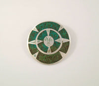 Large Detailed Vintage or Antique Handcrafted Mexican Sterling Silver & Malachite Inlay Carved Aztec Sun Face or Sun Stone Round Convex Pin / Pendant