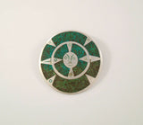 Large Detailed Vintage or Antique Handcrafted Mexican Sterling Silver & Malachite Inlay Carved Aztec Sun Face or Sun Stone Round Convex Pin / Pendant