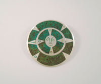 Large Detailed Vintage or Antique Handcrafted Mexican Sterling Silver & Malachite Inlay Carved Aztec Sun Face or Sun Stone Round Convex Pin / Pendant