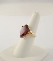 Large Signed Vintage 14K Solid Yellow Gold 10 Carat Fancy Shield Cut Rhodolite Garnet Leafy Detailed Ring Size 7.5