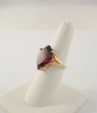 Large Signed Vintage 14K Solid Yellow Gold 10 Carat Fancy Shield Cut Rhodolite Garnet Leafy Detailed Ring Size 7.5