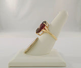 Large Signed Vintage 14K Solid Yellow Gold 10 Carat Fancy Shield Cut Rhodolite Garnet Leafy Detailed Ring Size 7.5