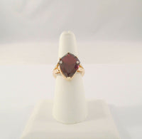 Large Signed Vintage 14K Solid Yellow Gold 10 Carat Fancy Shield Cut Rhodolite Garnet Leafy Detailed Ring Size 7.5