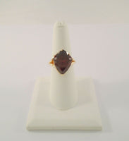 Large Signed Vintage 14K Solid Yellow Gold 10 Carat Fancy Shield Cut Rhodolite Garnet Leafy Detailed Ring Size 7.5