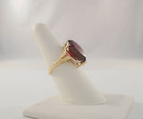 Large Signed Vintage 14K Solid Yellow Gold 10 Carat Fancy Shield Cut Rhodolite Garnet Leafy Detailed Ring Size 7.5