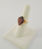 Large Signed Vintage 14K Solid Yellow Gold 10 Carat Fancy Shield Cut Rhodolite Garnet Leafy Detailed Ring Size 7.5