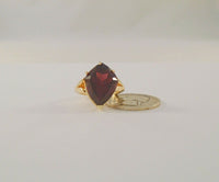 Large Signed Vintage 14K Solid Yellow Gold 10 Carat Fancy Shield Cut Rhodolite Garnet Leafy Detailed Ring Size 7.5