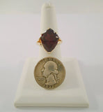 Large Signed Vintage 14K Solid Yellow Gold 10 Carat Fancy Shield Cut Rhodolite Garnet Leafy Detailed Ring Size 7.5