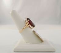 Large Signed Vintage 14K Solid Yellow Gold 10 Carat Fancy Shield Cut Rhodolite Garnet Leafy Detailed Ring Size 7.5