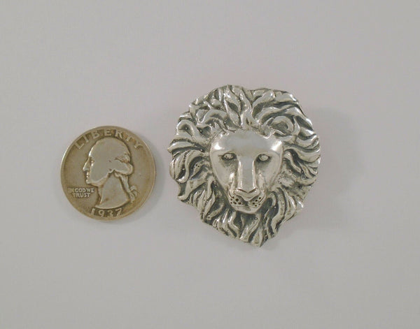 Large 41mm  Highly Detailed Vintage or Antique Sterling Silver Carved Repousse Lion Lion;s Head Heavy Pin or Brooch