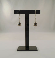 Detailed Vintage Sterling Silver & Cabochon Black Onyx Bali Style Scrollwork & Dot Design Leverback Dangle Earrings