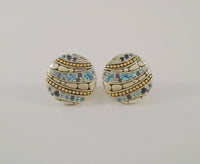 Large Signed Vintage John Hardy Sterling Silver & 18K Yellow Gold Round Kali Lavafire Omega Pierced Earrings w/ Blue Topaz Aquamarine, and Iolite