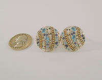 Large Signed Vintage John Hardy Sterling Silver & 18K Yellow Gold Round Kali Lavafire Omega Pierced Earrings w/ Blue Topaz Aquamarine, and Iolite