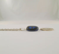 Handcrafted Signed Vintage Sterling Silver w/ Blue Green Gold & Purple Snakeskin Patterned Iridescent Fused Glass Pendant on Fancy Twisted Chain Necklace 17.75"
