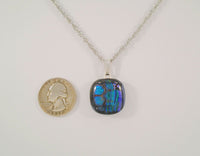 Handcrafted Signed Vintage Sterling Silver w/ Blue Green Gold & Purple Snakeskin Patterned Iridescent Fused Glass Pendant on Fancy Twisted Chain Necklace 17.75"