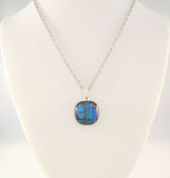 Handcrafted Signed Vintage Sterling Silver w/ Blue Green Gold & Purple Snakeskin Patterned Iridescent Fused Glass Pendant on Fancy Twisted Chain Necklace 17.75"