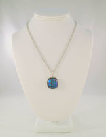 Handcrafted Signed Vintage Sterling Silver w/ Blue Green Gold & Purple Snakeskin Patterned Iridescent Fused Glass Pendant on Fancy Twisted Chain Necklace 17.75"