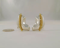Big Bold Handcrafted Signed Vintage Taxco Mexican Repousse 950 Sterling Silver Freeform Modernist French Clip Pierced Earrings w/ Applied Gold Caviar Beading